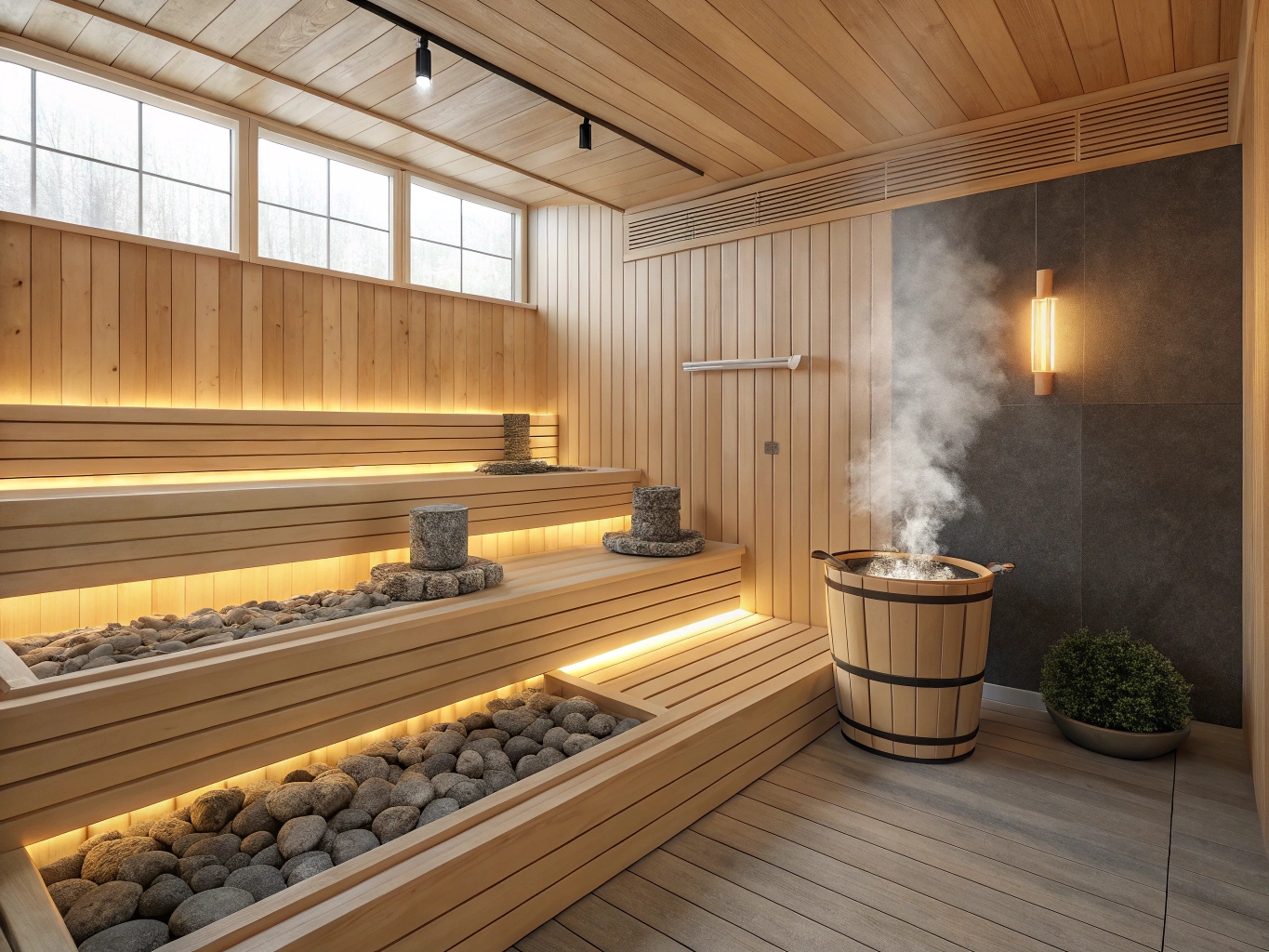 Finse sauna met houten banken en warme verlichting